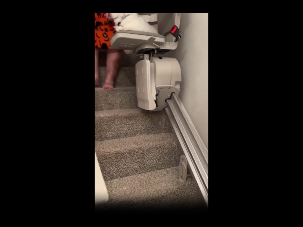 階段昇降機に乗っている白い猫