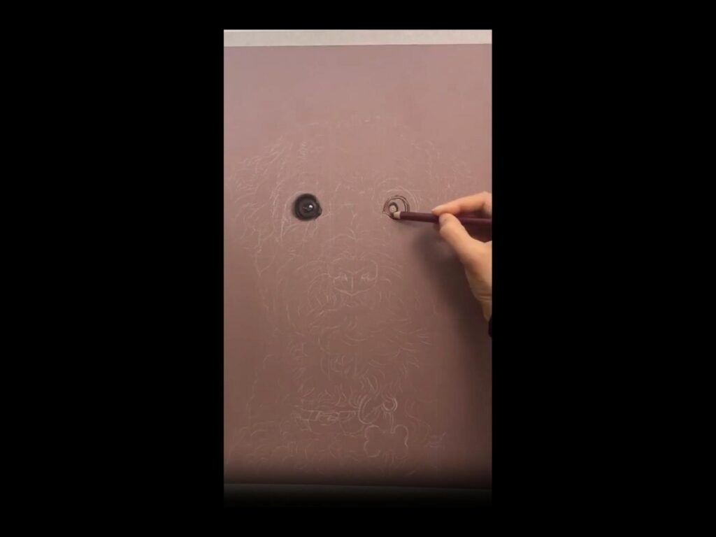 鉛筆で茶色い犬を描く様子