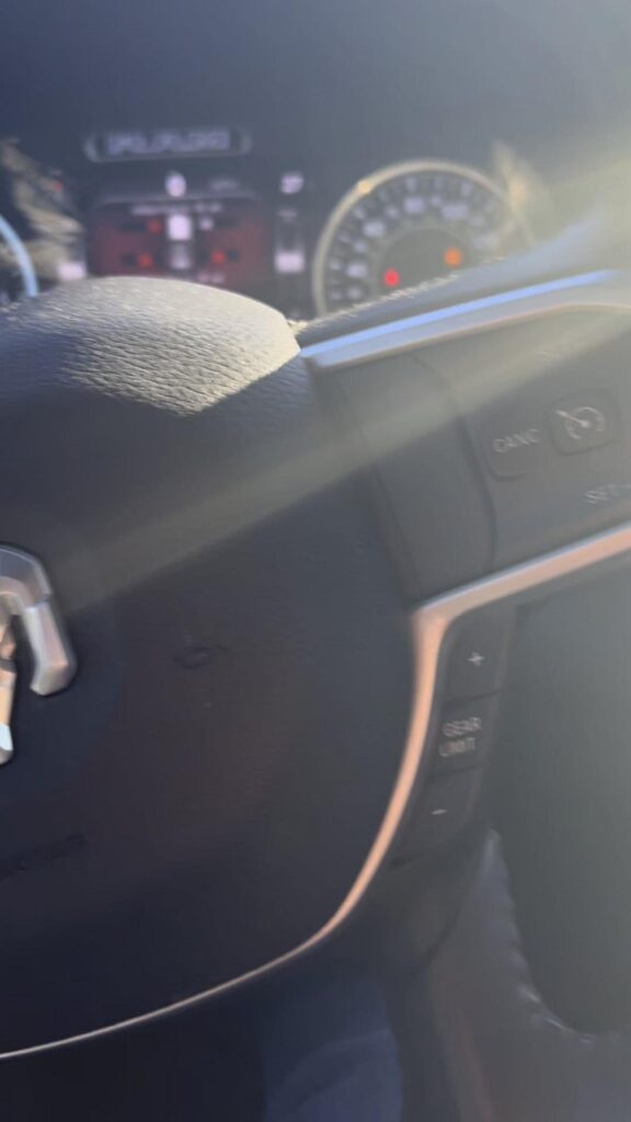 車内のハンドルと計器類が写っている