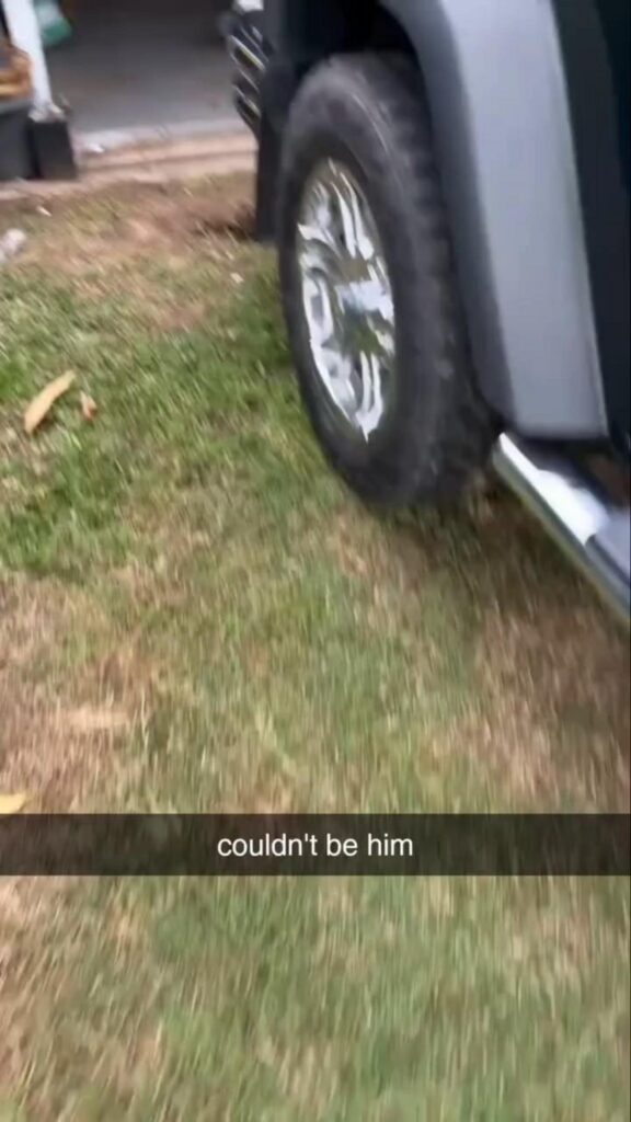 芝生に停車している銀色の乗用車と車輪