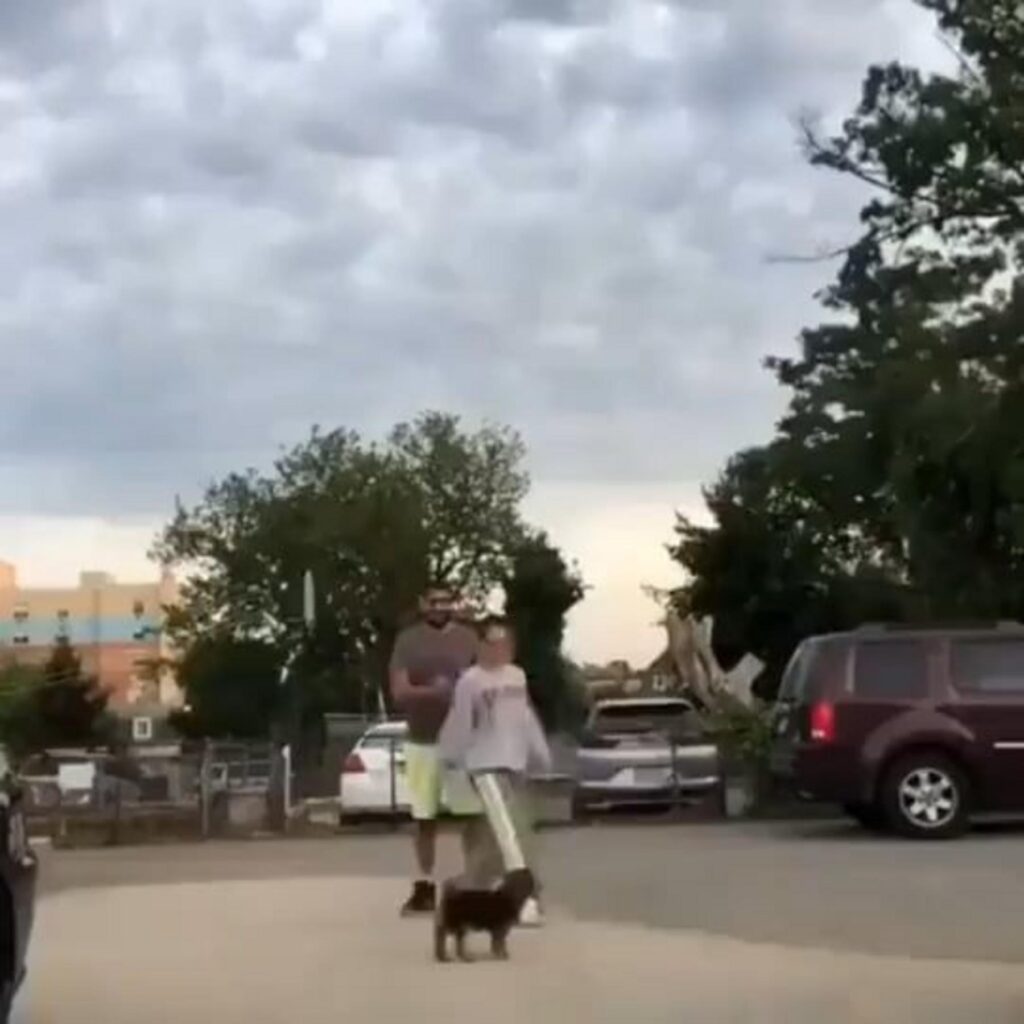 茶色の犬と男女二人が歩いている